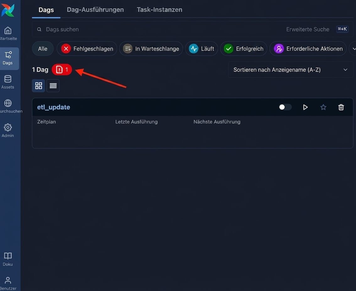 Airflow-DAGs-Ansicht mit Schaltfläche für Importfehler-Hinweis