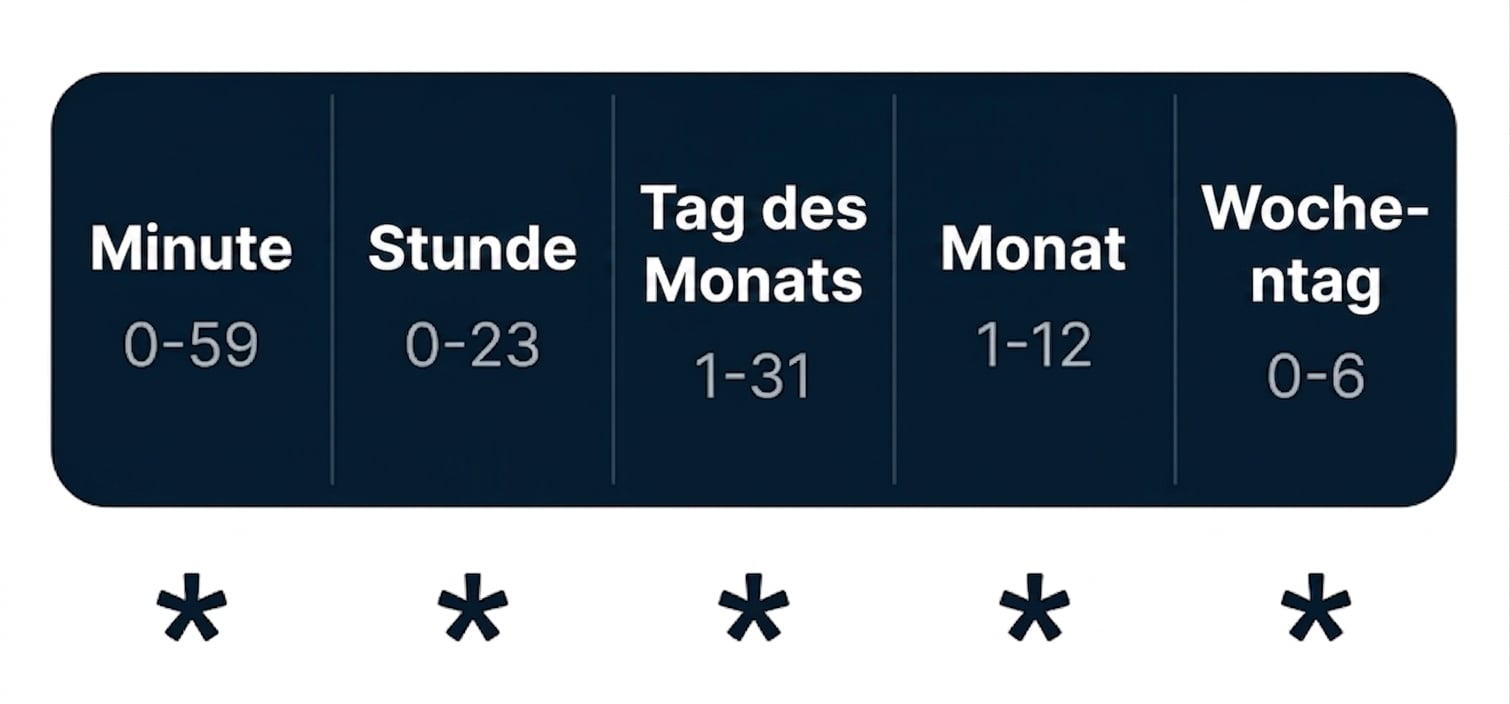Diagramm der Cron-Syntax mit fünf durch Leerzeichen getrennten Zeitfeldern