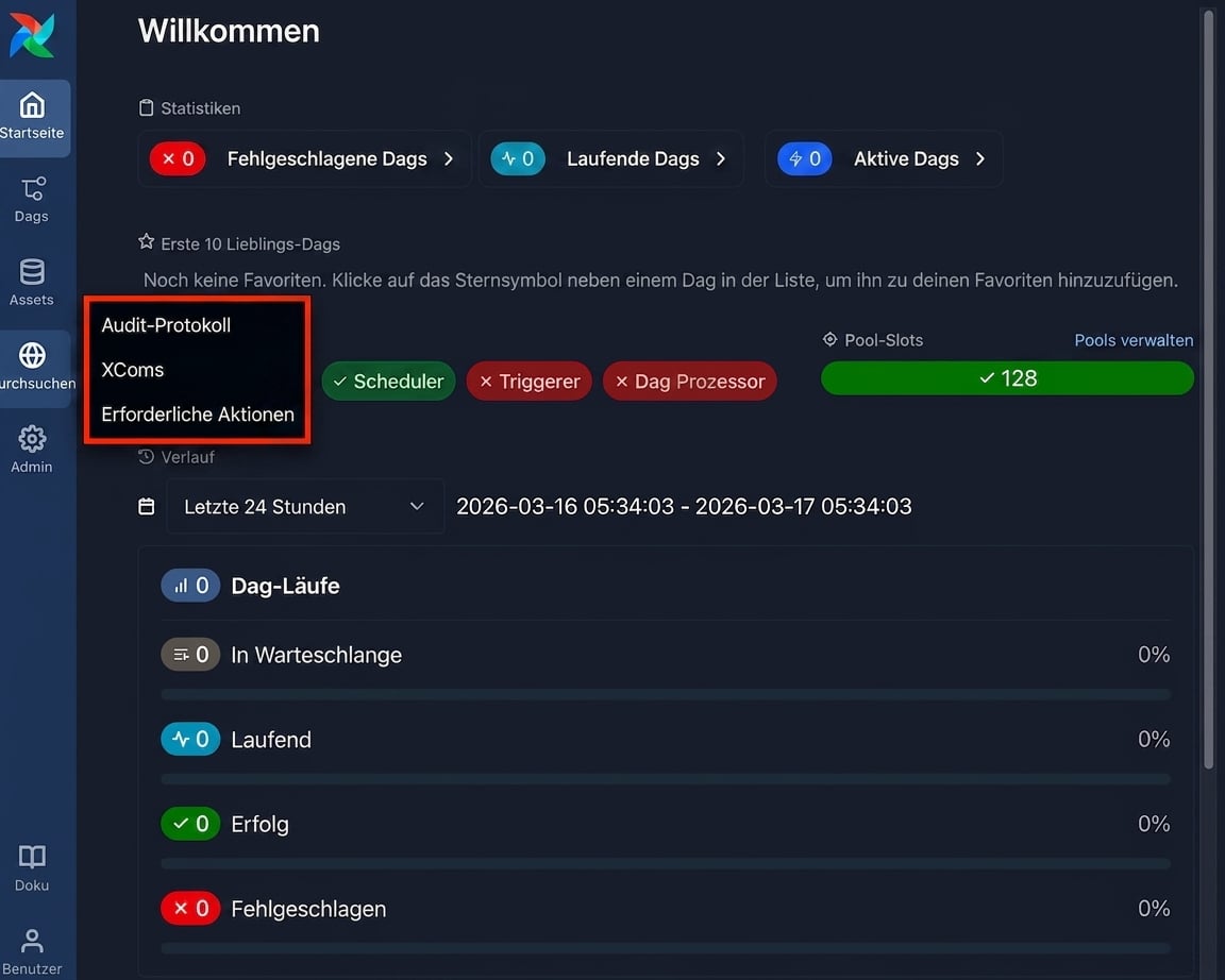 Airflow-UI mit geöffnetem Menü Browse und Option Audit Log