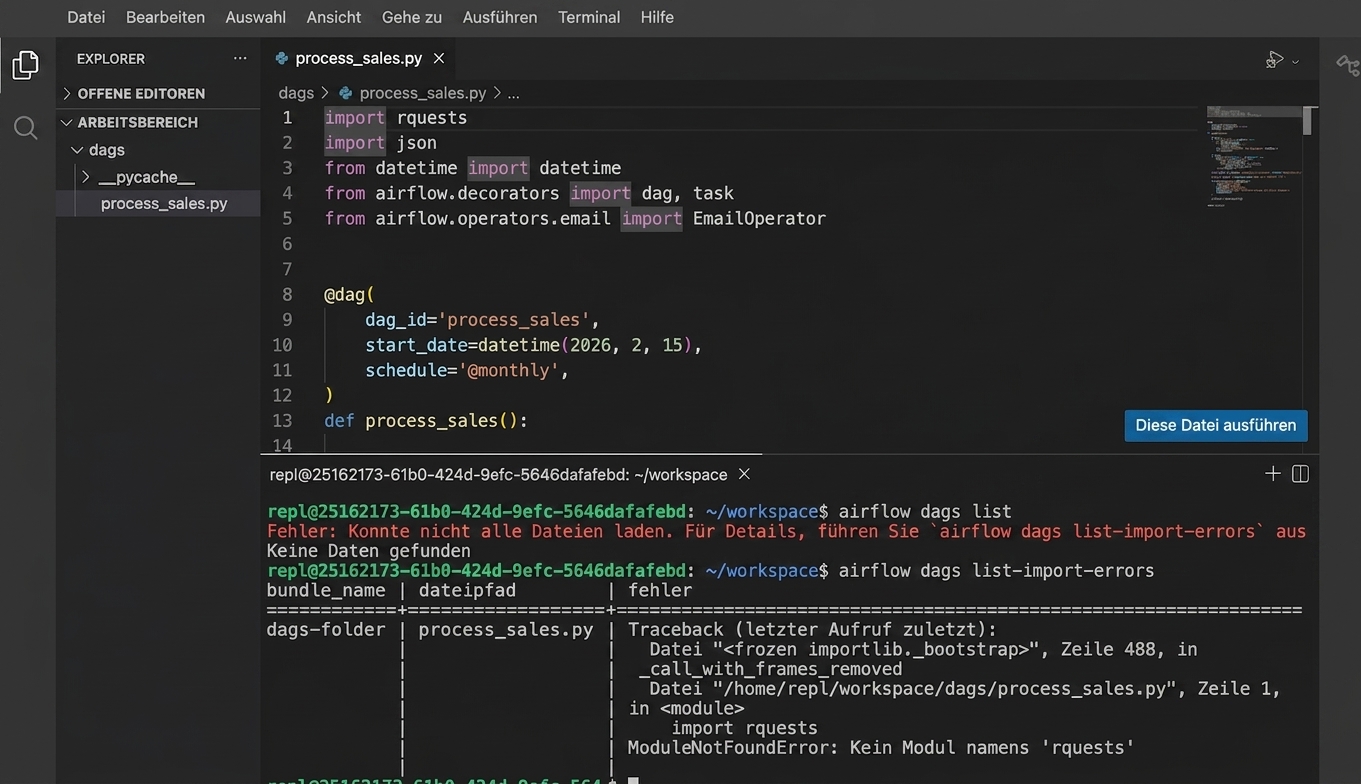 Terminalausgabe von airflow dags list-import-errors mit einem Fehler