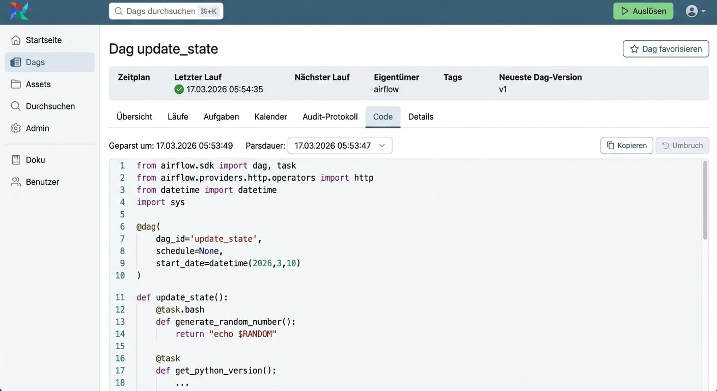 Airflow-DAG-Codeansicht mit schreibgeschütztem Python-Quelltext des DAG