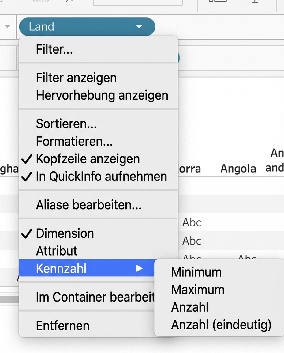 Tableau-Dropdown-Menü zum Aggregieren von Dimensionen