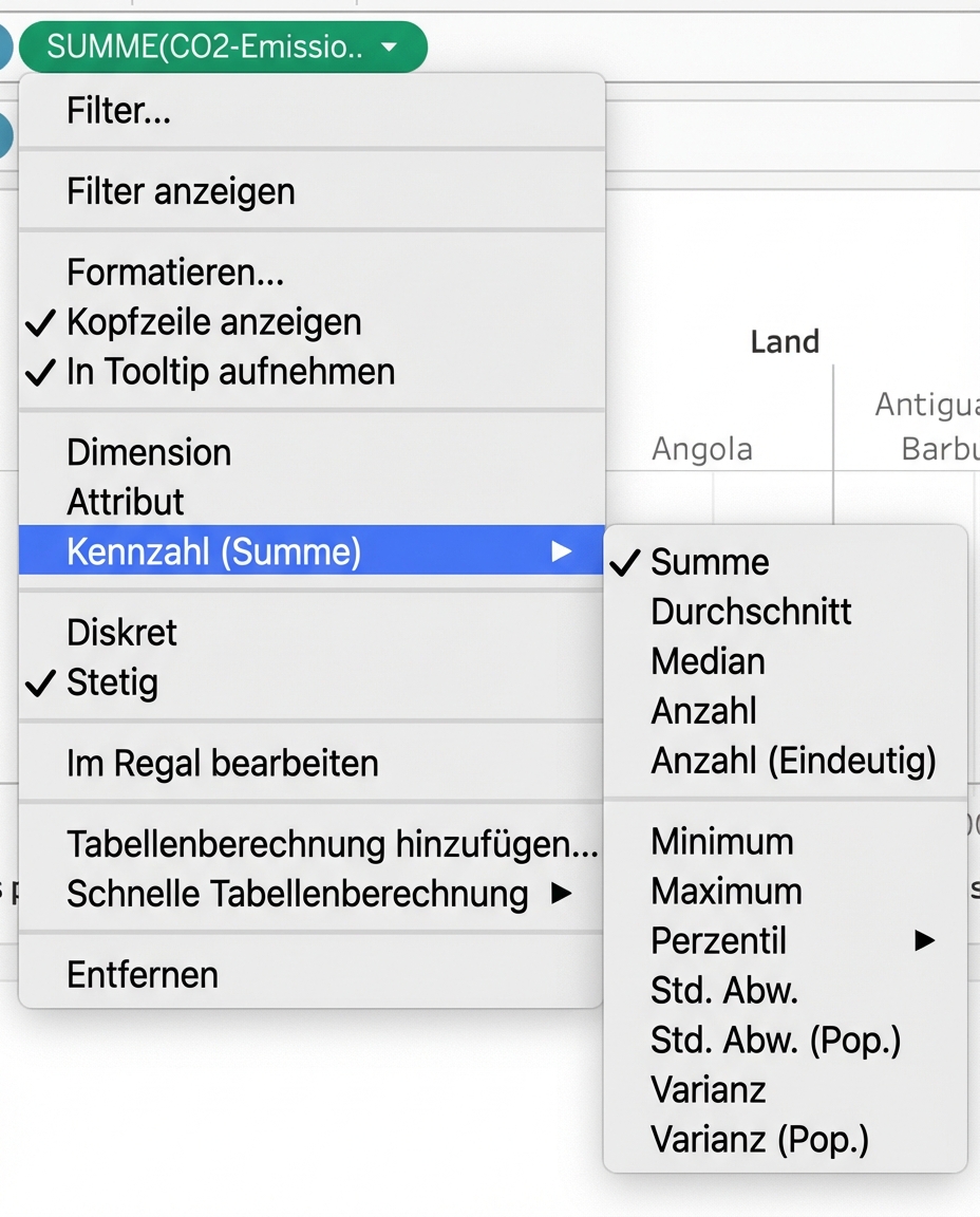 Tableau-Dropdown-Menü zum Aggregieren von Kennzahlen