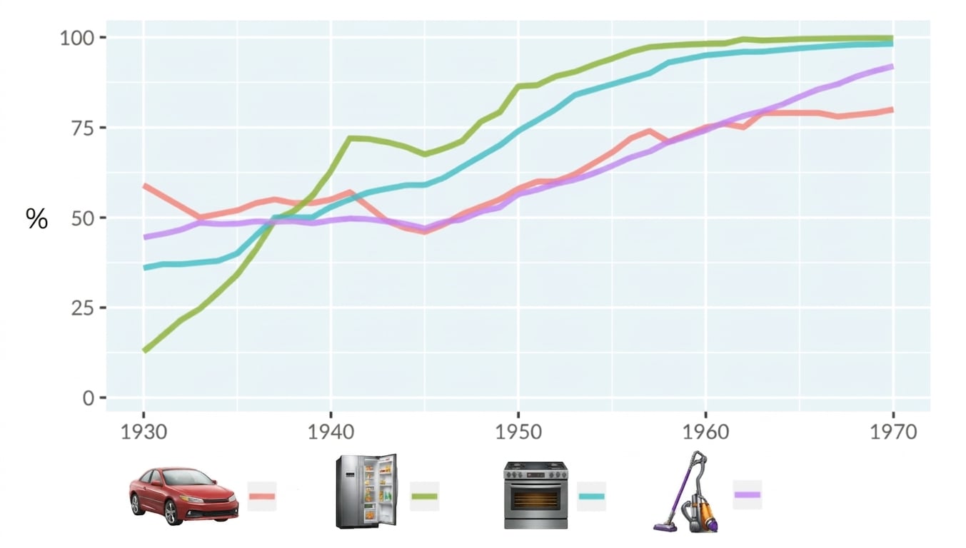 Ein Liniendiagramm der Technologienutzung in Haushalten in den Vereinigten Staaten. Die x-Achse verläuft von 1930 bis 1970 und die y-Achse von 0 bis 100&nbsp;Prozent. Es gibt vier Linien für die Nutzung von Autos, Kühlschränken, Herden und Staubsaugern.