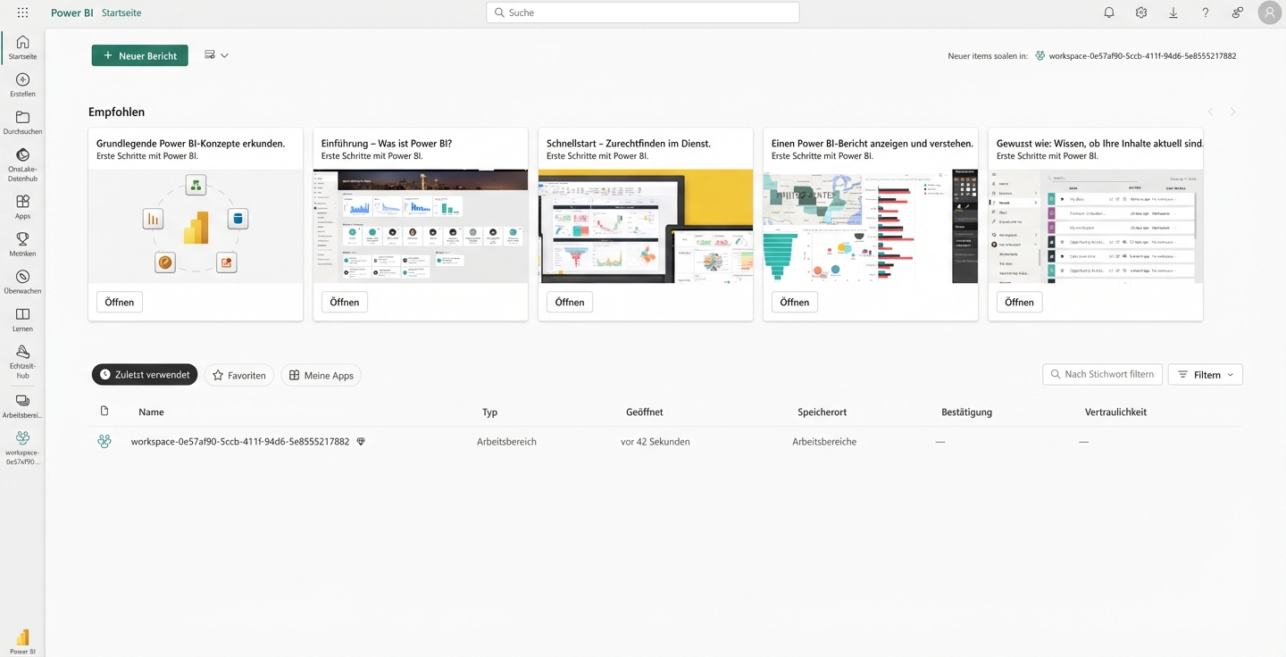 Startseite nach Anmeldung bei Power BI Service