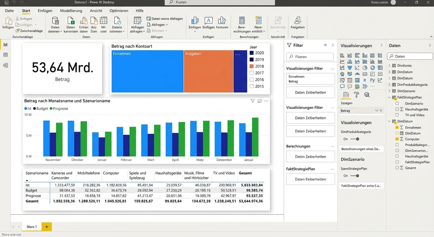 Bild einer Power BI Desktop-Datei mit Visualisierungen und den vier Ansichten auf der linken Seite hervorgehoben