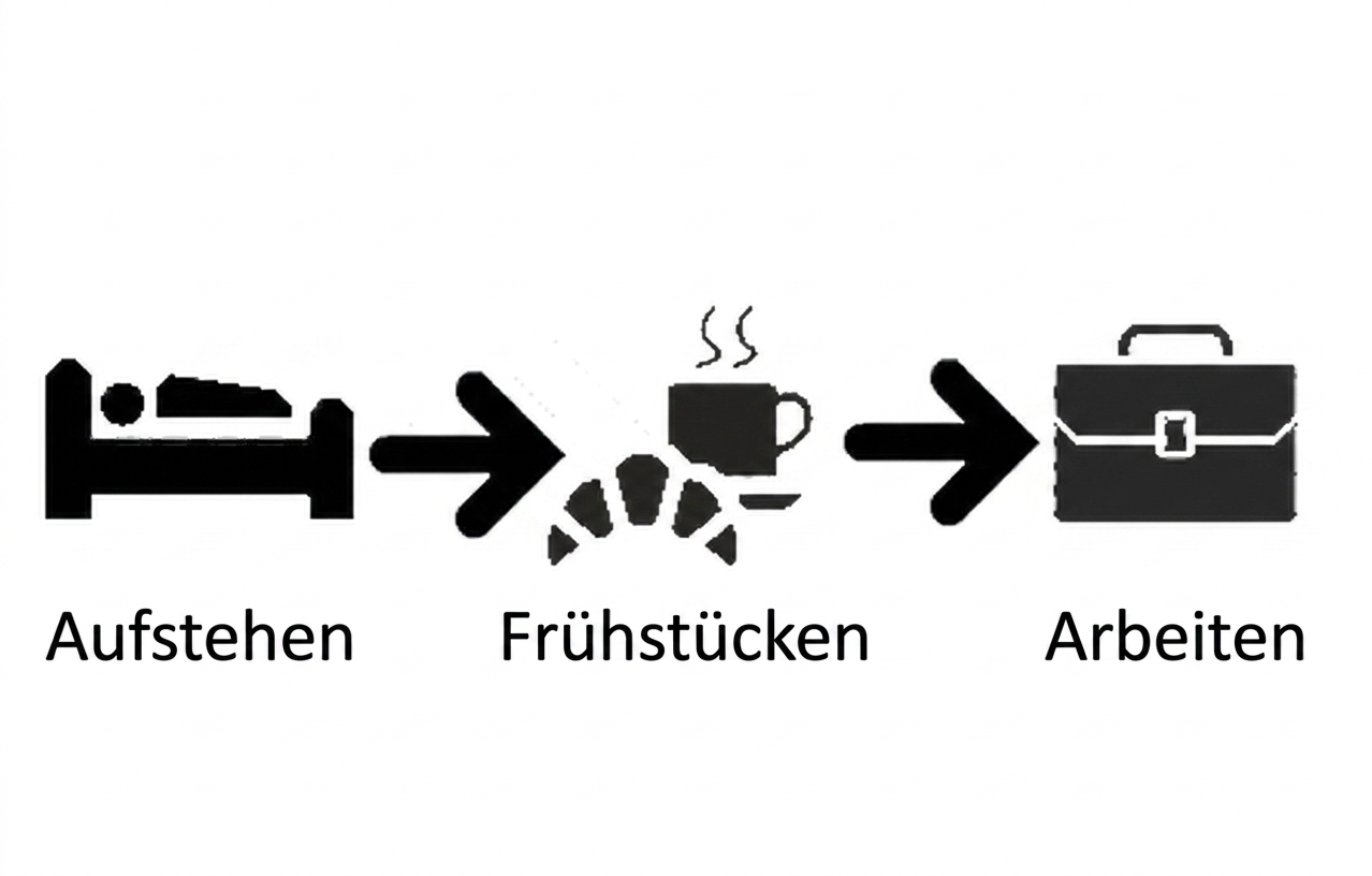 Symbole: Person im Bett, dann Kaffee, dann Aktentasche