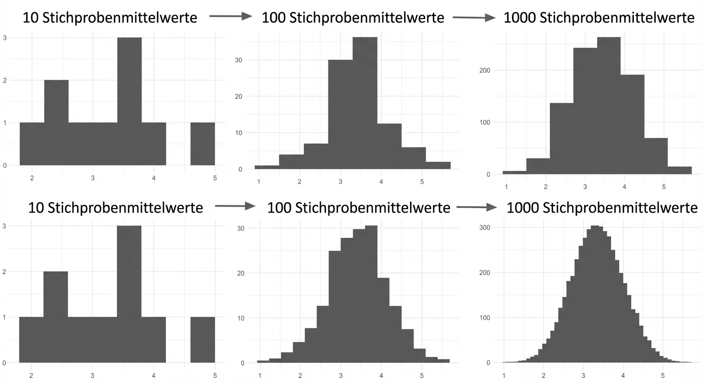 Histogramme von 10, 100 und 1000 Stichprobenmittelwerten, wobei eine höhere Anzahl von Stichprobenmittelwerten eine eher glockenförmige Verteilung aufweist