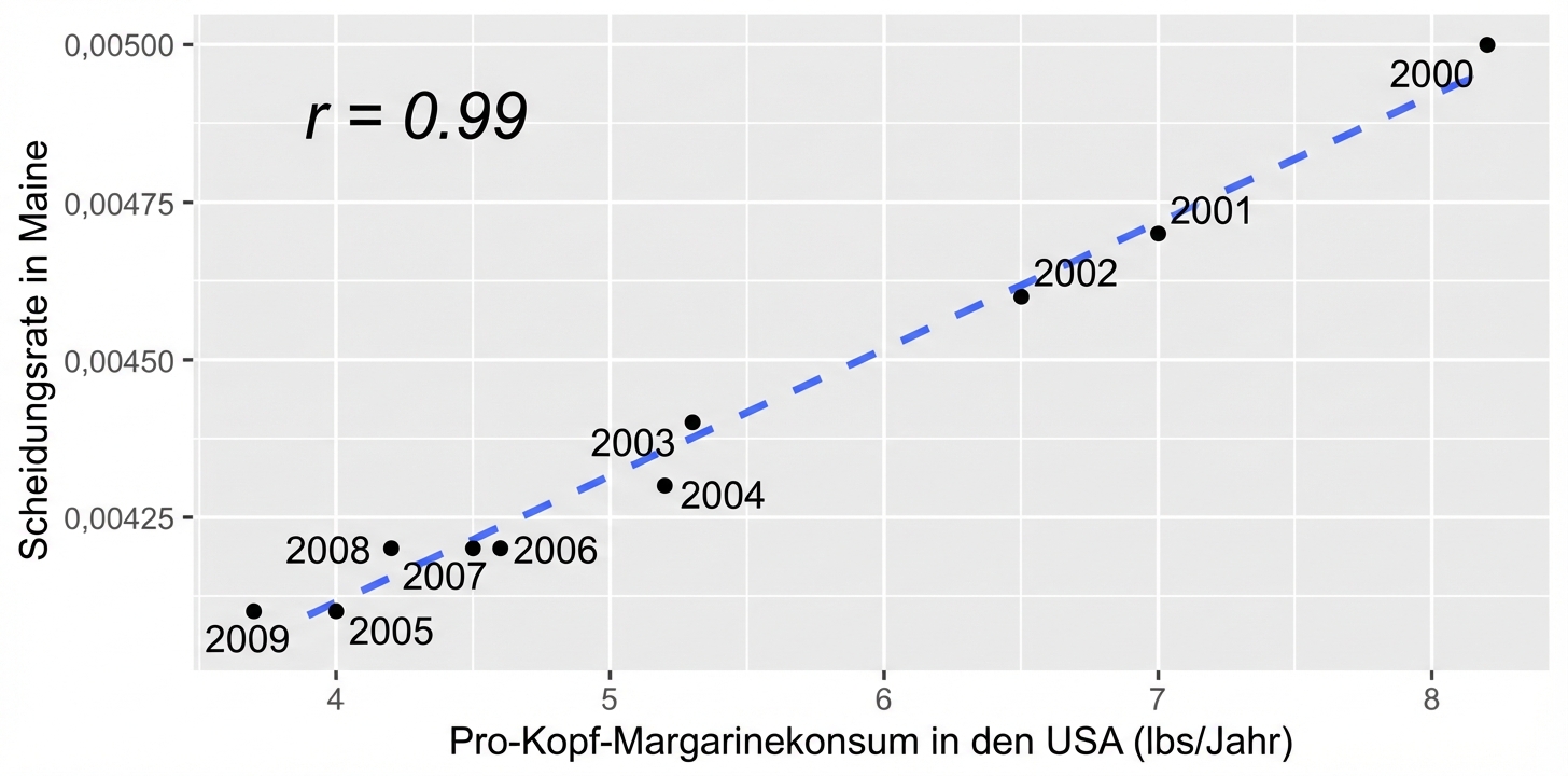 Streudiagramm des Pro-Kopf-Verbrauchs von Margarine in den USA und der Scheidungsrate in Maine. Die Variablen sind hoch korreliert mit einem Korrelationskoeffizienten von 0,99