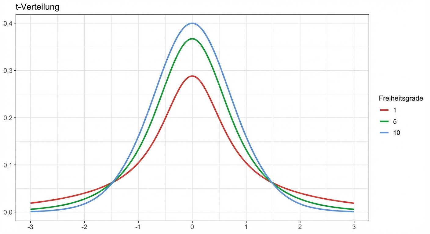 3 t-Verteilungen mit df = 1, df = 5 und df = 10