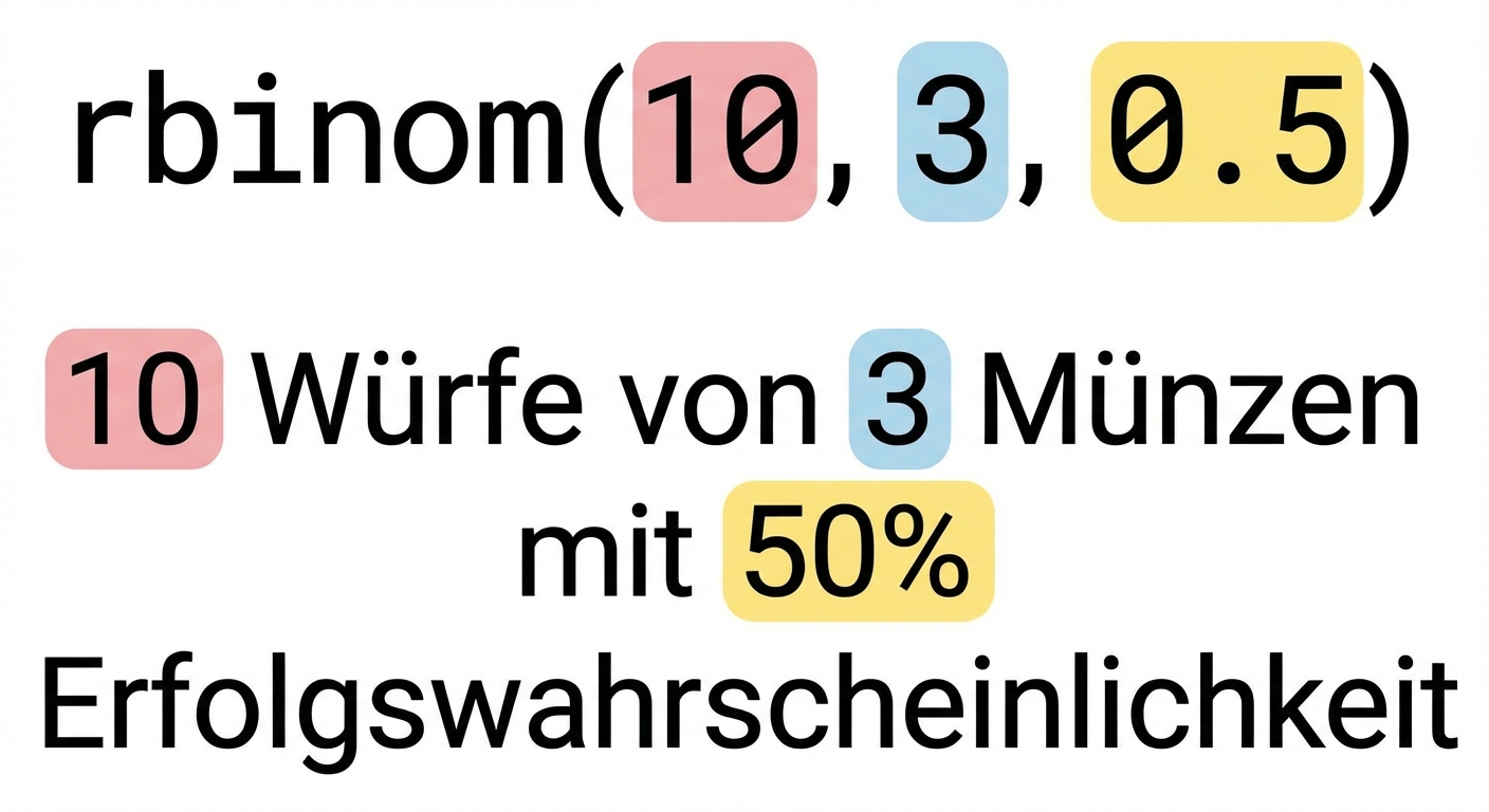 rbinom(10, 3, 0,5) mit 10 in Rot, 3 in Blau und 0,5 in Gelb. Text: 10 (rot) Würfe von 3 (blau) Münzen mit einer 50 % (gelb) Erfolgschance