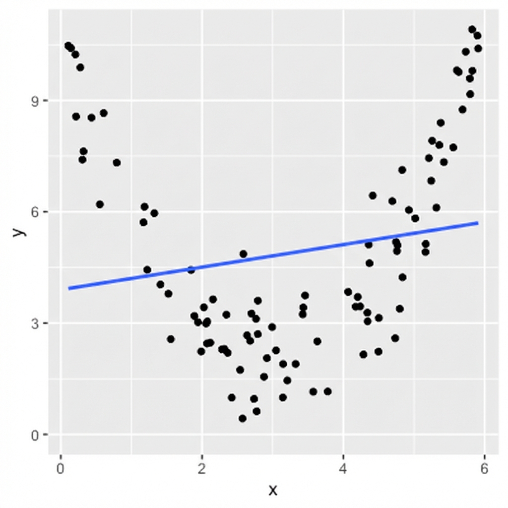 Streudiagramm von Variablen mit einem quadratischen Zusammenhang mit einer linearen Trendlinie