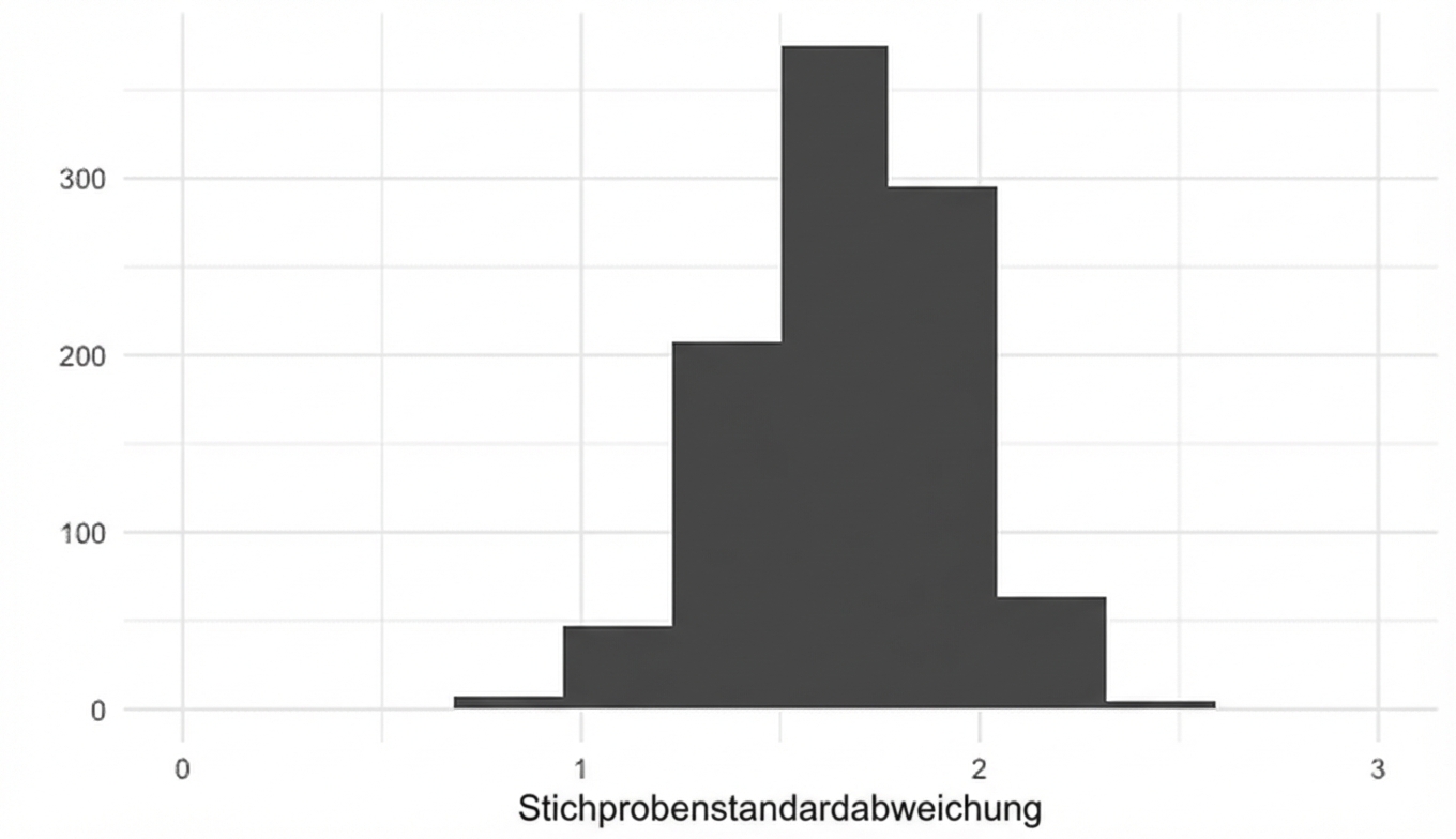 Verteilung von 1000 Stichproben-Standardabweichungen von 5 Würfelwürfen