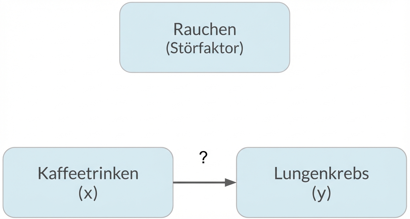 Der Konsum von Kaffee (x) deutet hin auf Lungenkrebs (y) mit Rauchen (Störfaktor) oben