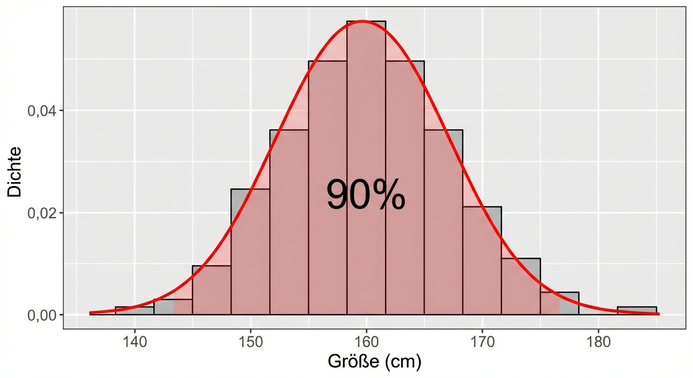 Fläche größer als etwa 162 schattiert, beschriftet 90 %