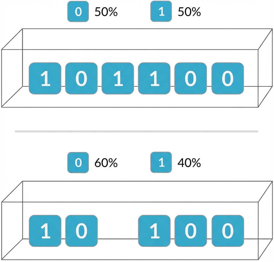 Box mit Losen – mit drei Nullen und zwei Einsen. 60 % Chance auf Null, 40 % Chance auf Eins.png