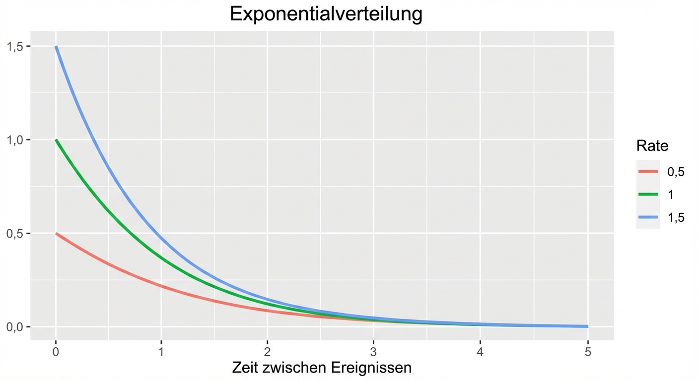 3 Exponentialverteilungen mit Lambda = 0,5, Lambda = 1 und Lambda = 1,5