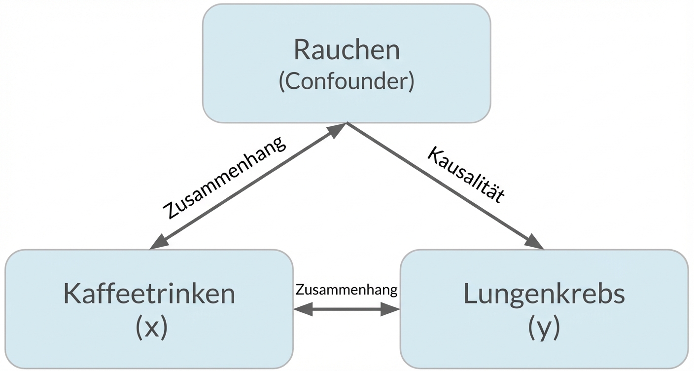 Konsum von Kaffee (x) mit Doppelpfeil zu Lungenkrebs (y), beschriftet mit "Assoziation". Doppelpfeil zwischen Rauchen und Kaffeetrinken, beschriftet mit "Assoziation". Pfeil von Rauchen zu Lungenkrebs, beschriftet mit "Kausalität".