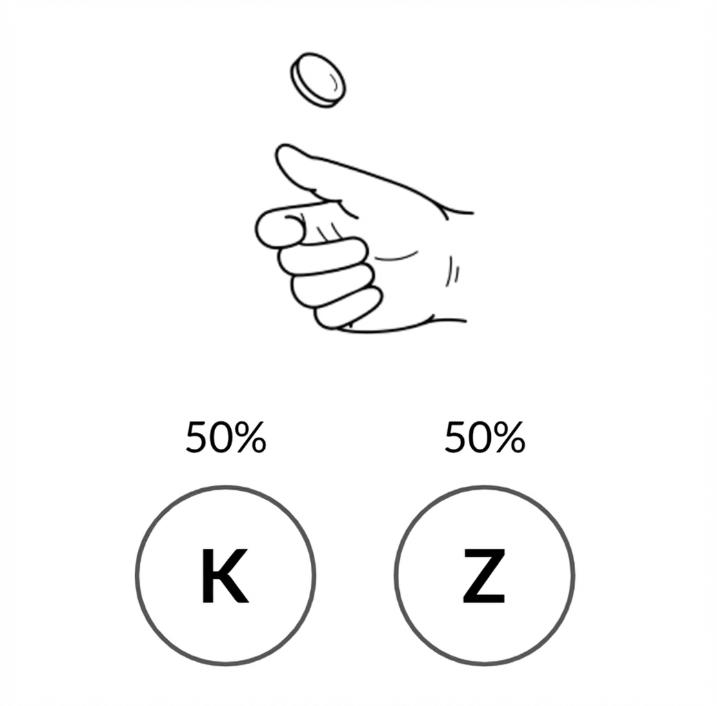 Hand, die eine Münze wirft, wobei eine Seite H (Kopf) mit 50 % Wahrscheinlichkeit, die andere Seite T (Zahl) mit 50% Wahrscheinlichkeit ist
