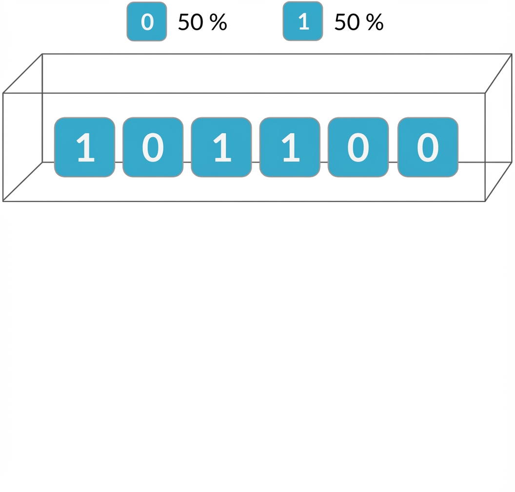 Box mit Tickets mit 3 Nullen und 3 Einsen. 50 % Wahrscheinlichkeit für 0, 50 % Wahrscheinlichkeit für 1