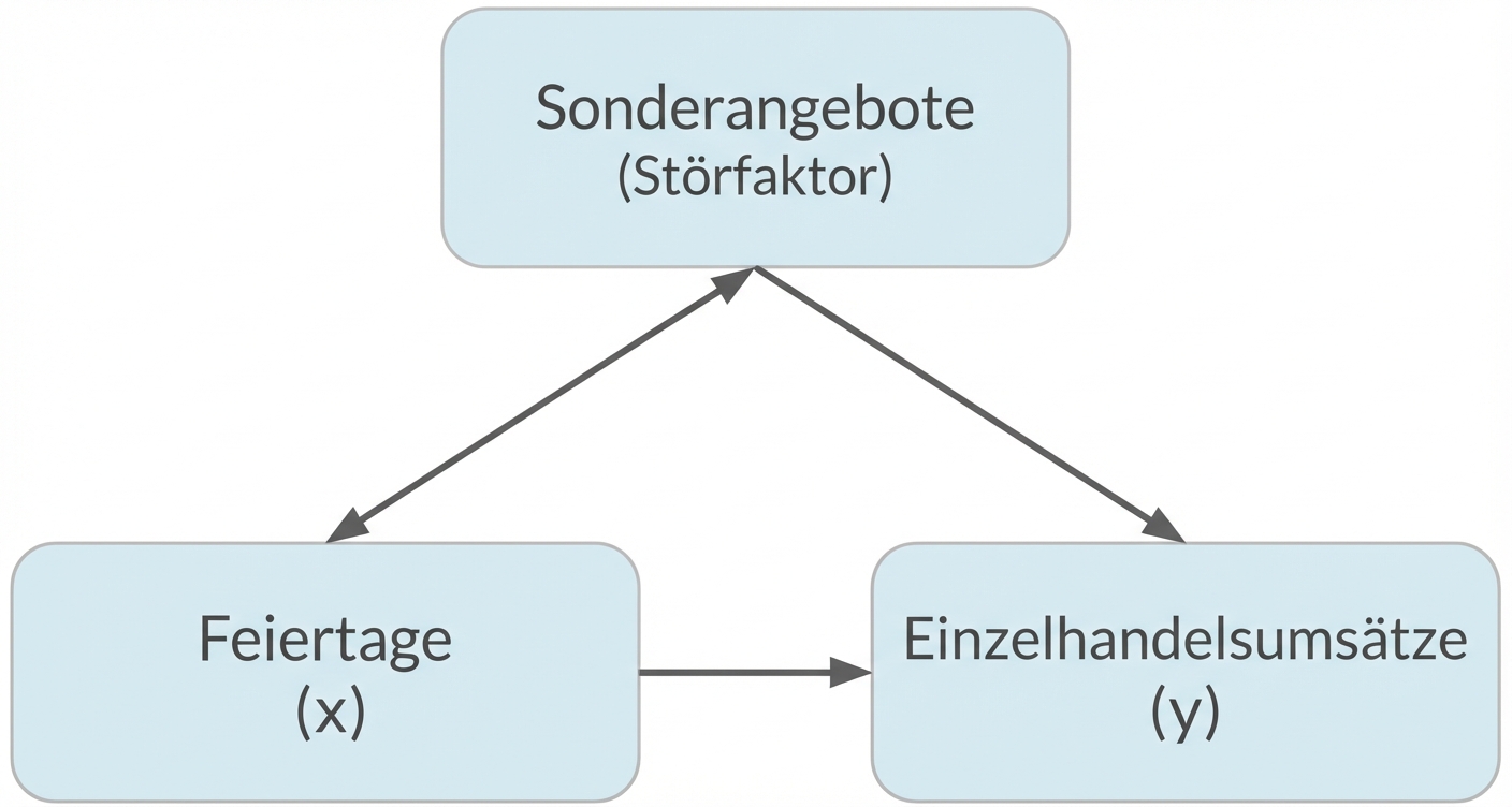 Die Feiertage (x) wirken sich auf die Einzelhandelsumsätze (y) aus. Sonderangebote (Störfaktor) hat einen Doppelpfeil zu Feiertagen und einen Einzelpfeil zu Einzelhandelsumsätzen.