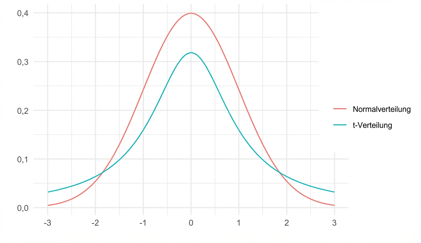 t-Verteilung und Normalverteilung auf denselben Achsen