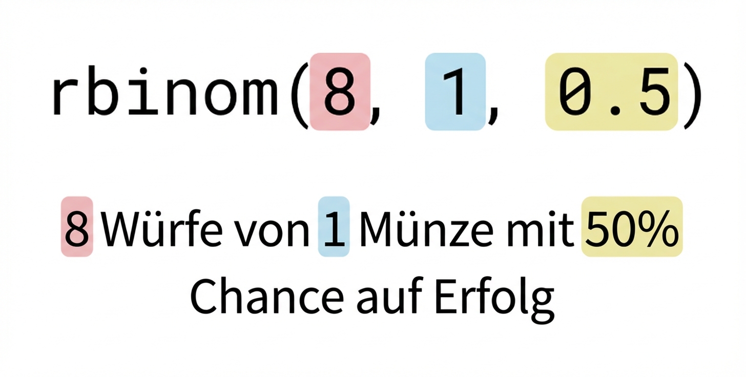 rbinom(8, 1, 0,5) mit 8 in Rot, 1 in Blau und 0,5 in Gelb. Text: 8 (rot) Würfe 1 (blau) Münze mit 50 % (gelb) Erfolgschance