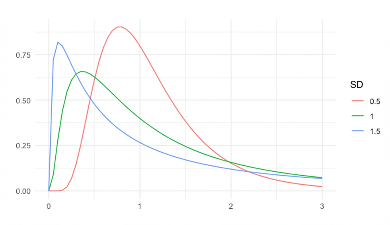 3 Log-Normalverteilungen mit sd = 0,5, sd = 1, und sd = 1,5