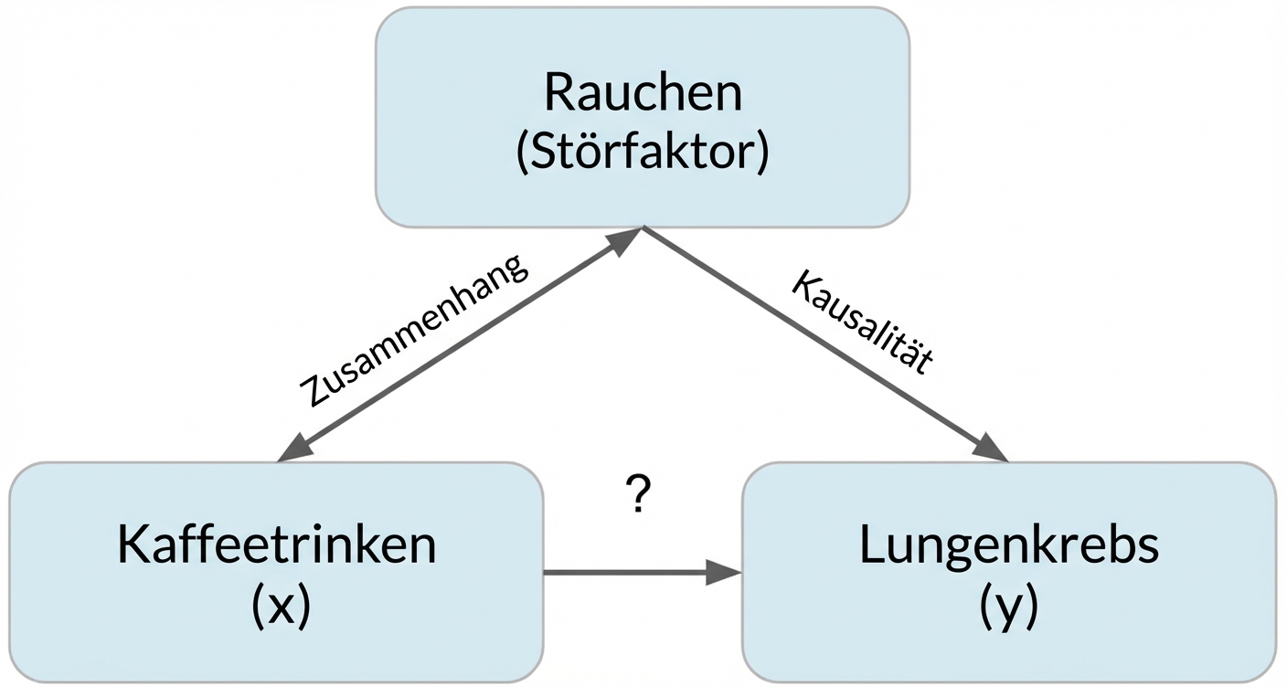 Der Konsum von Kaffee (x) deutet auf Lungenkrebs (y) mit Rauchen (Störfaktor) hin. Doppelpfeil zwischen Rauchen und Kaffeetrinken, beschriftet mit "Assoziation". Pfeil von Rauchen zu Lungenkrebs, beschriftet mit "Kausalität"