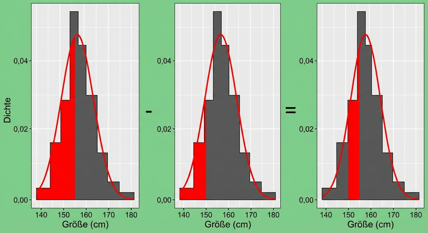 Fläche kleiner als 157 minus Fläche kleiner als 154 ist gleich Fläche zwischen 154 und 157