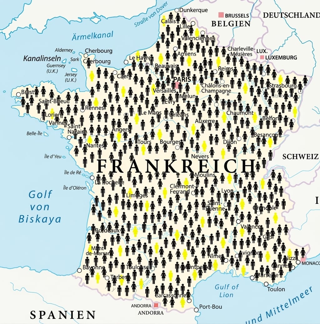 Eine Karte von Frankreich mit Personen-Icons, einige hervorgehoben.