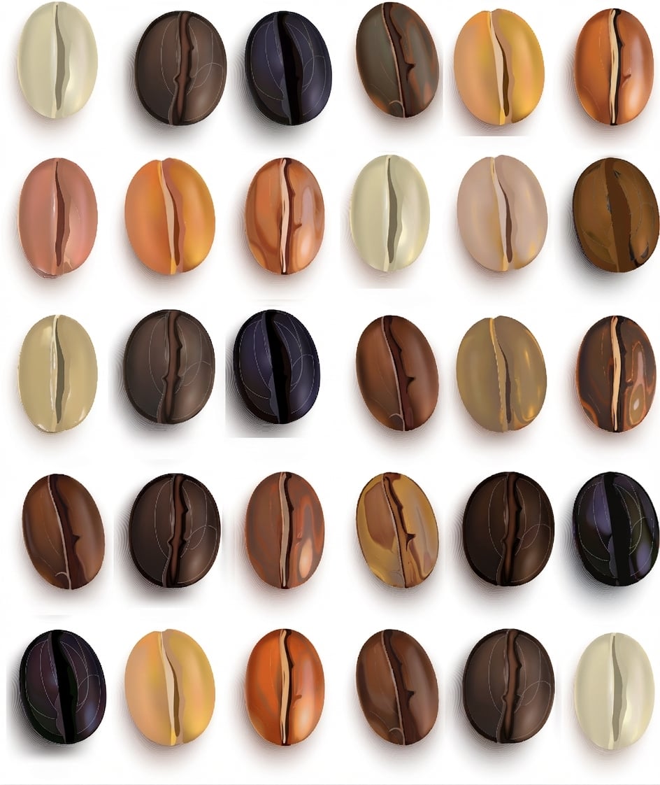 Kaffeebohnen in Reihen und Spalten, die meisten ausgegraut bis auf eine Diagonale.