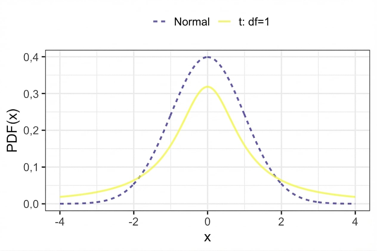 Grafik mit der PDF einer Standardnormalverteilung vs. einer t-Verteilung mit 1 Freiheitsgrad. Die t-Verteilung hat dickere Ränder und einen flacheren Gipfel in der Mitte.