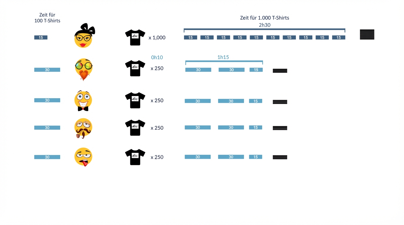 es dauert zehn Minuten, die tausend T-Shirts an die vier Junior-Beschäftigen zu verteilen