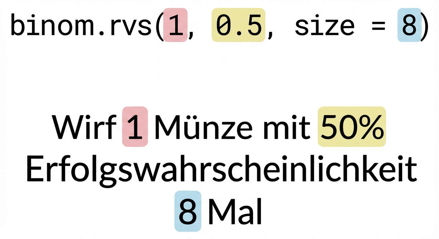 binom.rvs(1, 0.5, 8) mit 1 rot, 0,5 gelb, 8 blau. Text: Wirf 1 (rot) Münze mit 50 % (gelb) Erfolgschance 8 (blau) mal