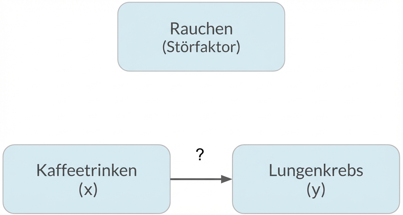 Der Konsum von Kaffee (x) deutet hin auf Lungenkrebs (y) mit Rauchen (Störfaktor) oben