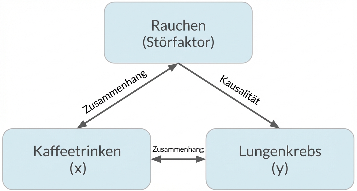 Konsum von Kaffee (x) mit Doppelpfeil zu Lungenkrebs (y), beschriftet mit "Assoziation". Doppelpfeil zwischen Rauchen und Kaffeetrinken, beschriftet mit "Assoziation". Pfeil von Rauchen zu Lungenkrebs, beschriftet mit "Kausalität".
