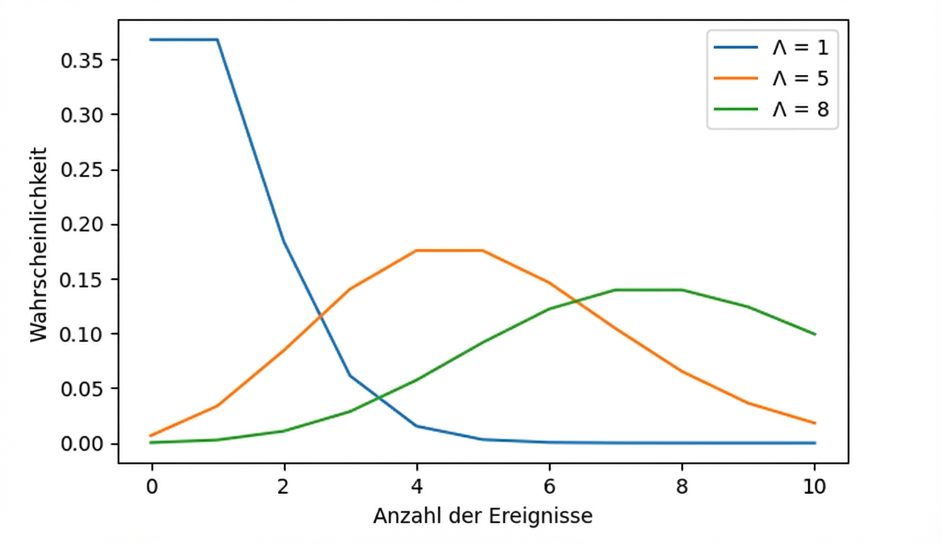 3 Poisson-Verteilungen: eine mit Lambda = 1, eine mit Lambda = 5 und eine mit Lambda = 8