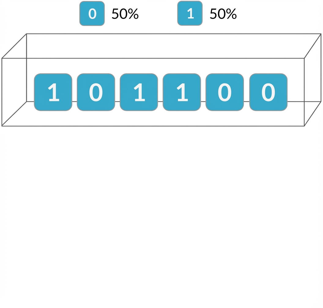 Box mit Tickets mit 3 Nullen und 3 Einsen. 50 % Wahrscheinlichkeit für 0, 50 % Wahrscheinlichkeit für 1