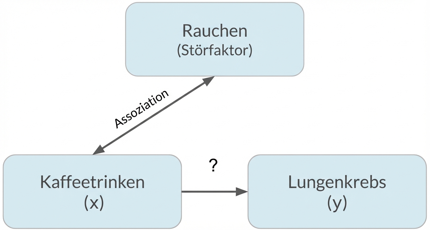 Der Konsum von Kaffee (x) deutet auf Lungenkrebs (y) mit Rauchen (Störfaktor) hin. Doppelpfeil zwischen Rauchen und Kaffeetrinken, beschriftet mit "Assoziation".