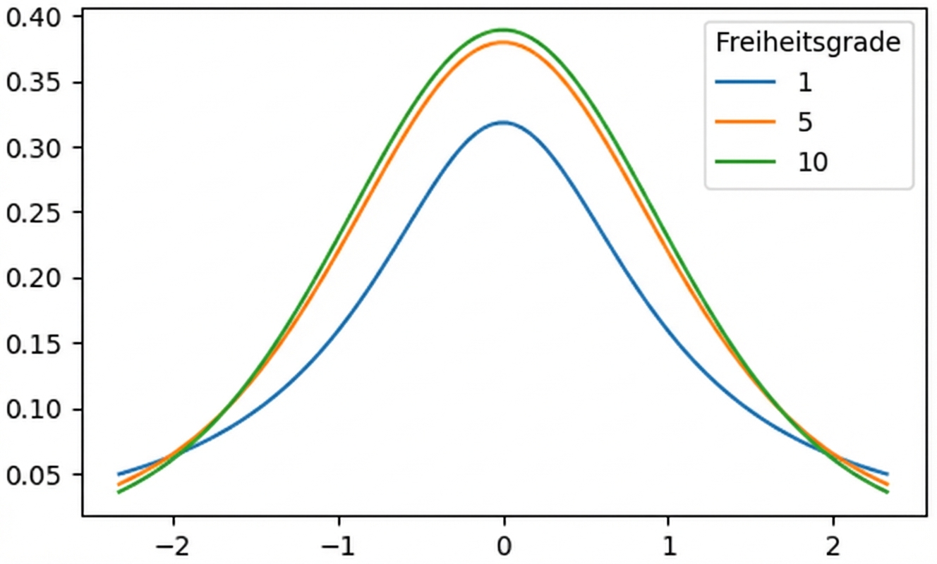 3 t-Verteilungen mit df = 1, df = 5 und df = 10