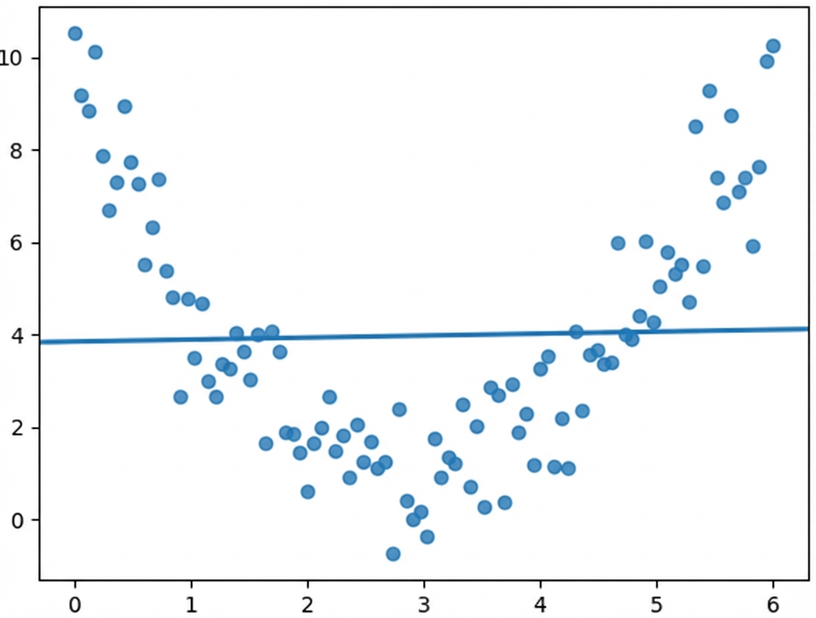 Streudiagramm von Variablen mit einem quadratischen Zusammenhang mit einer linearen Trendlinie