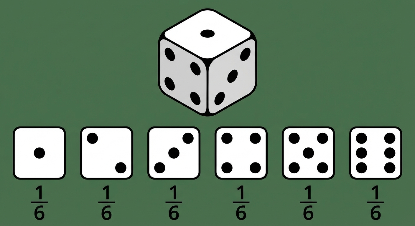 Jede Seite eines Würfels hat eine Wahrscheinlichkeit von 1/6
