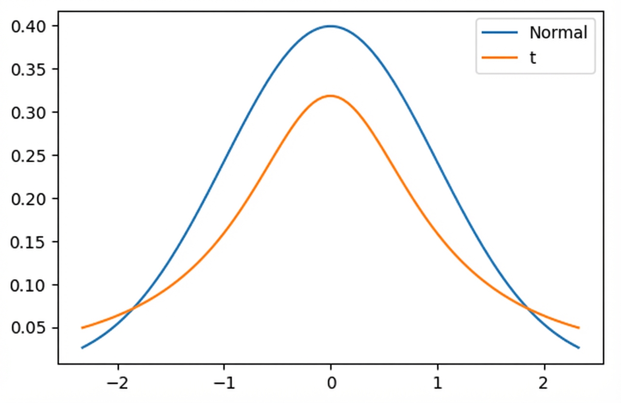 t-Verteilung und Normalverteilung auf denselben Achsen