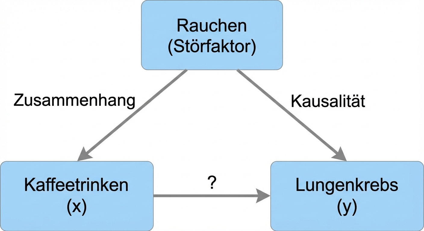 Der Konsum von Kaffee (x) deutet auf Lungenkrebs (y) mit Rauchen (Störfaktor) hin. Doppelpfeil zwischen Rauchen und Kaffeetrinken, beschriftet mit "Assoziation". Pfeil von Rauchen zu Lungenkrebs, beschriftet mit "Kausalität"