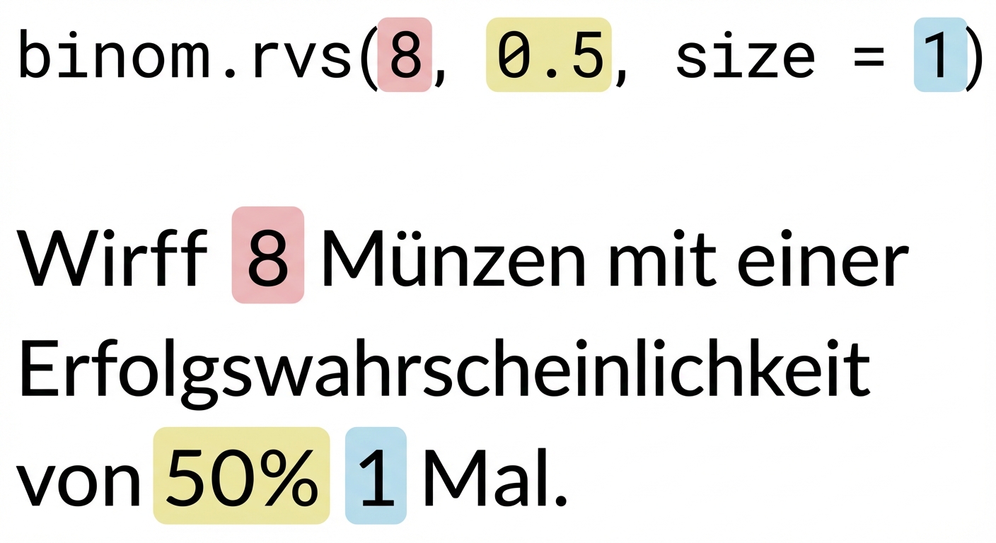 binom.rvs(8, 0,5, Größe = 1) mit 8 rot, 0,5 gelb, 1 blau. Text: Wirf 8 (rot) Münzen mit 50 % (gelb) Erfolgschance 1 (blau) Mal