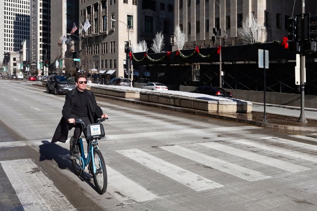 Person fährt mit einem Divvy-Rad durch die Stadt