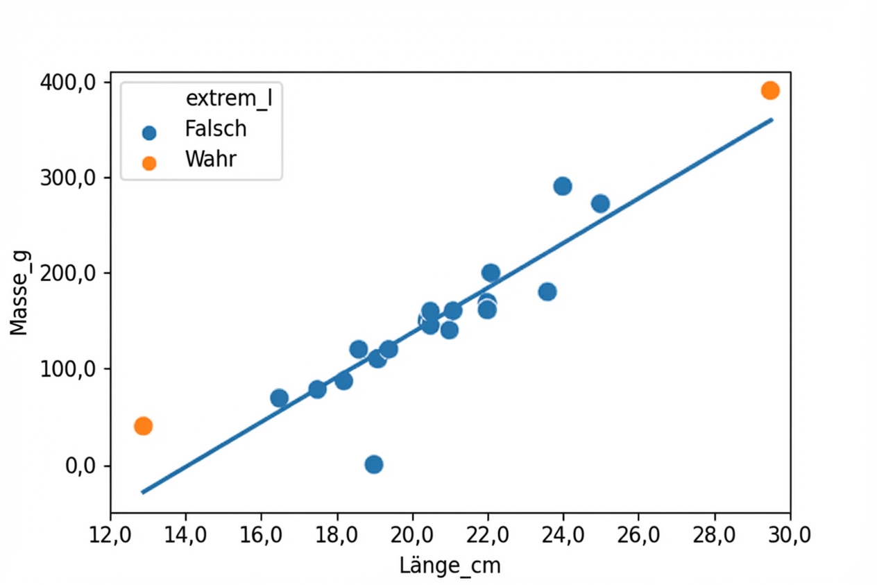 Ein Streudiagramm der Masse von Rotaugen im Vergleich zu ihrer Länge, mit einer Trendlinie. Die meisten Punkte sind blau, aber ein ganz kurzer und ein ganz langes Rotauge sind orange.