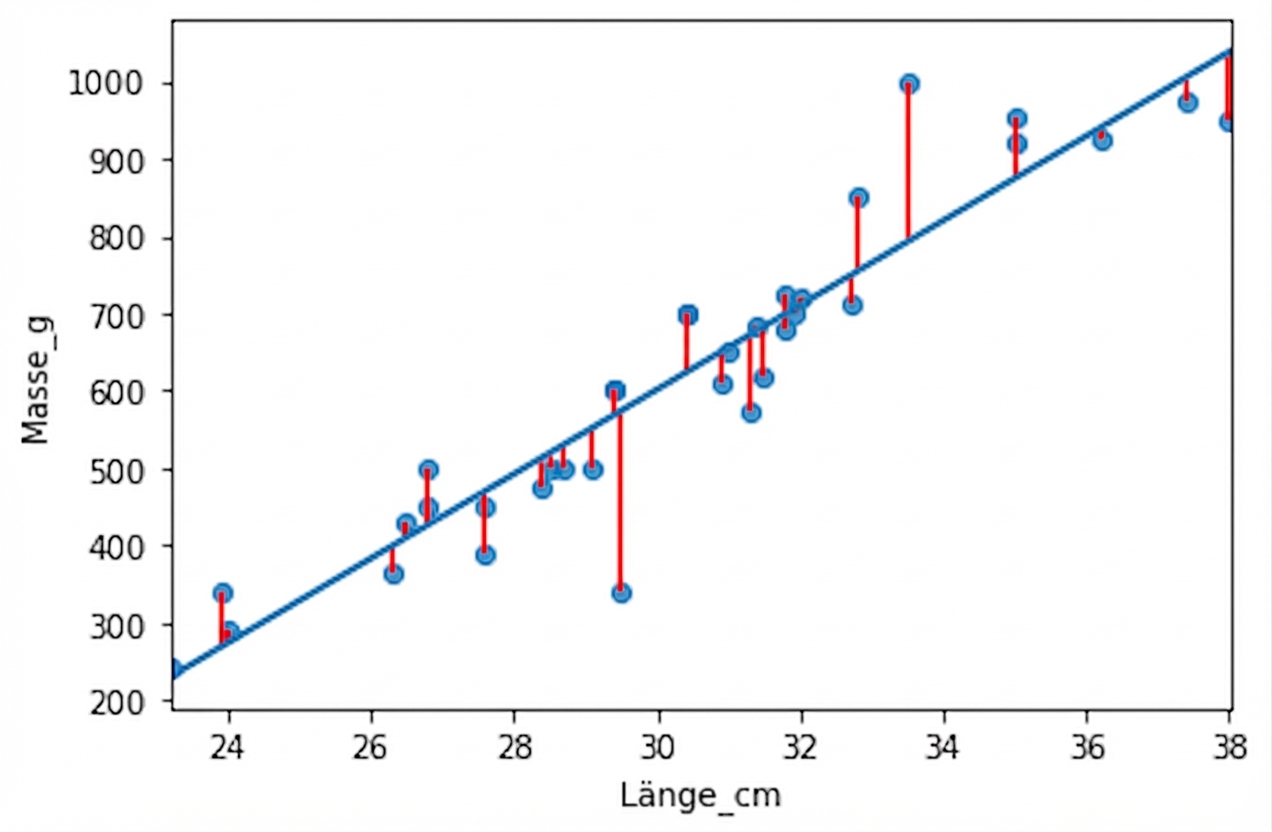 Die roten Punkte zeigen die Unterschiede zwischen den tatsächlichen Werten (blaue Punkte) und den vorhergesagten Werten (blaue Linie).