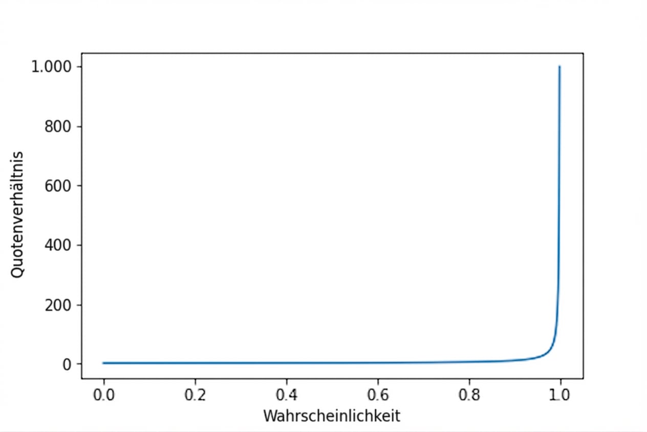 Liniendiagramm von Quoten vs. Wahrscheinlichkeit. Die Kurve steigt asymptotisch gegen unendlich, wenn die Wahrscheinlichkeit gegen 1 geht.